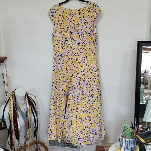 Ann Taylor Yellow Lemon Print Maxi Dress with Blue Leaves - Picture 7 of 14